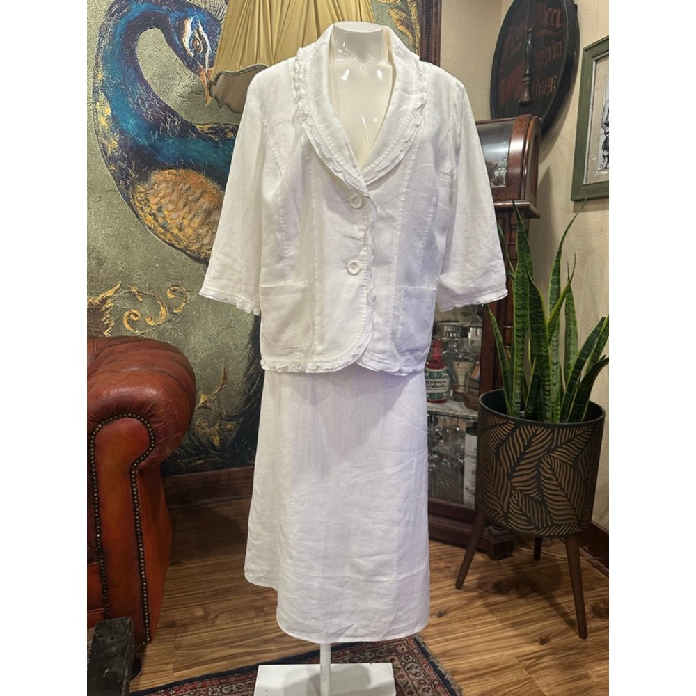 Kim Rogers Petite Linen Skirt Set White Ruffle Blazer Midi Skirt PL - Picture 3 of 16